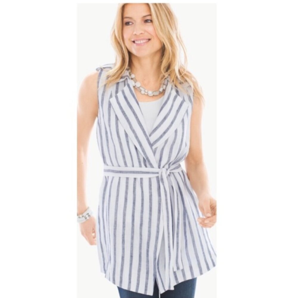 Chico's Tie-Belt Waist Vest Blue White Striped 100% Linen Size 1 EUC Like New